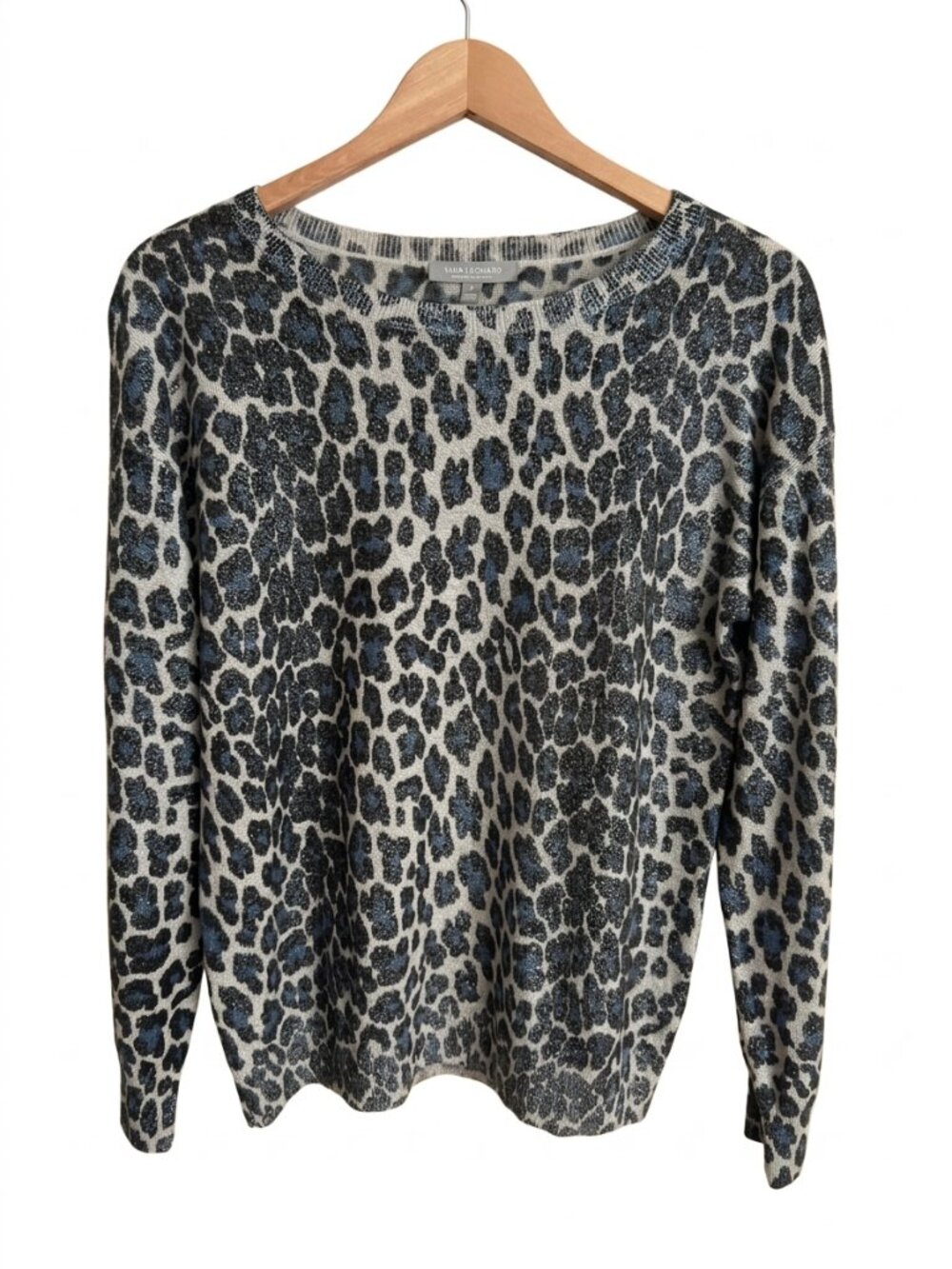 100% Cashmere Leopard Metallic Sweater Blue Gray Neiman Marcus Women's Large NWT